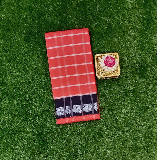Tomato Red Pavithra Kattam Cotton Saree with Silver Checks & Contrast Dark Blue Border