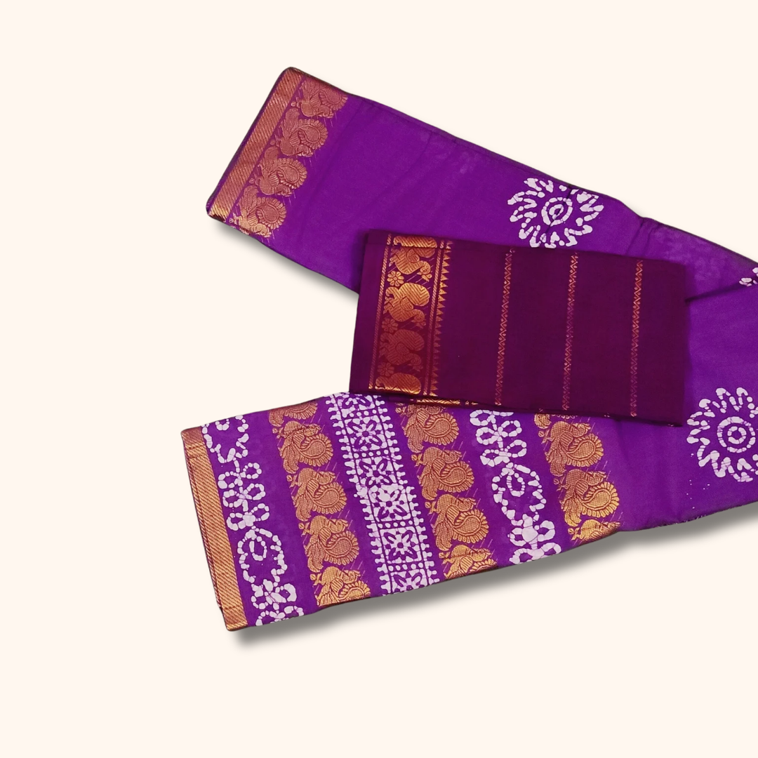 Purple Sungudi Cotton Saree with White Bandhani Design & Gold Zari Border 120s Count