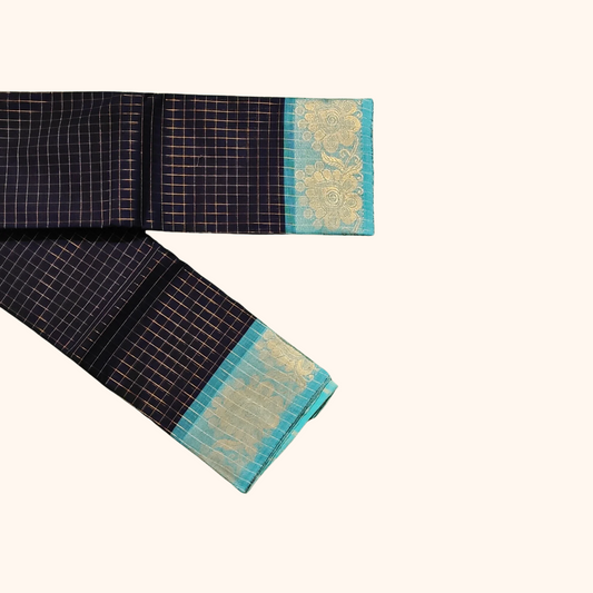 Dark ink Blue Chettinad Cotton Saree with Aqua Blue Floral Border