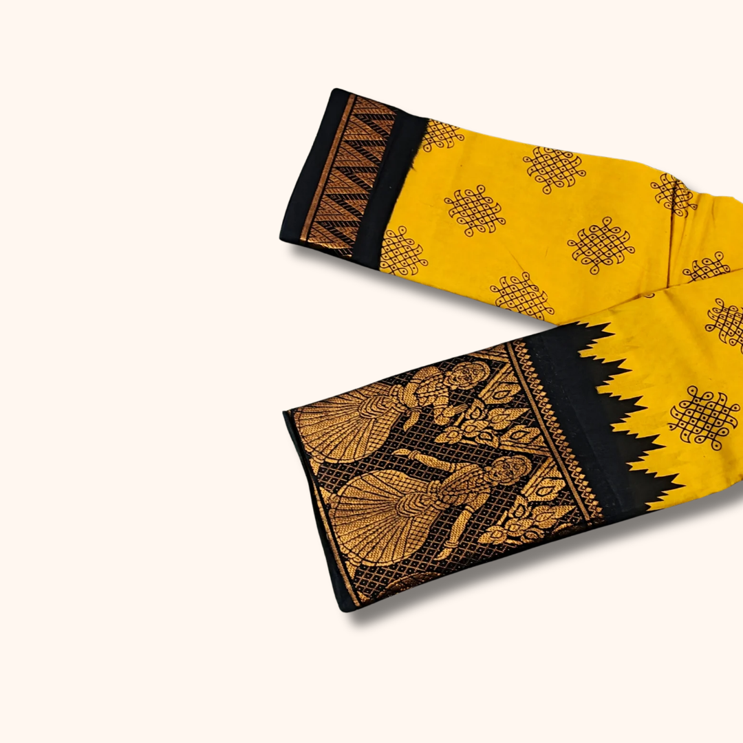 Mustard Yellow Kolam Sungudi Cotton Saree with Black Temple Border
