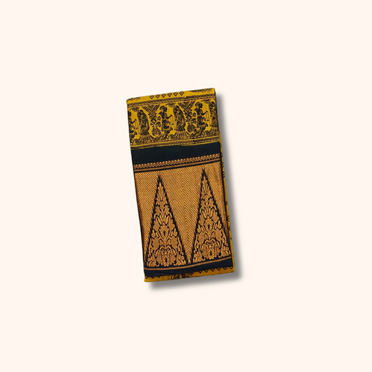 Mustard Yellow Pure Sungudi Cotton Saree with Traditional Motifs & Black Gold Border – No Blouse