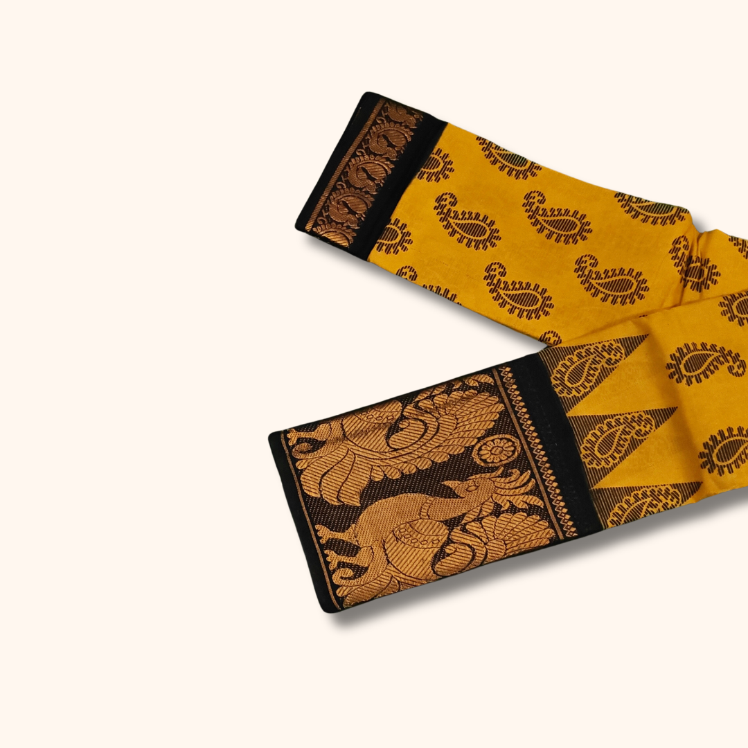 Mustard Paisley Print Cotton Saree with Black Peacock Border