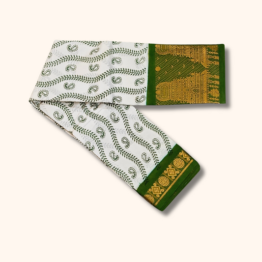 White Paisley Cotton Saree with Green Temple Zari Border