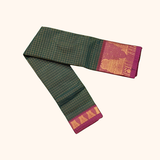 Bottle Green Temple Border Cotton Saree with Magenta Pallu