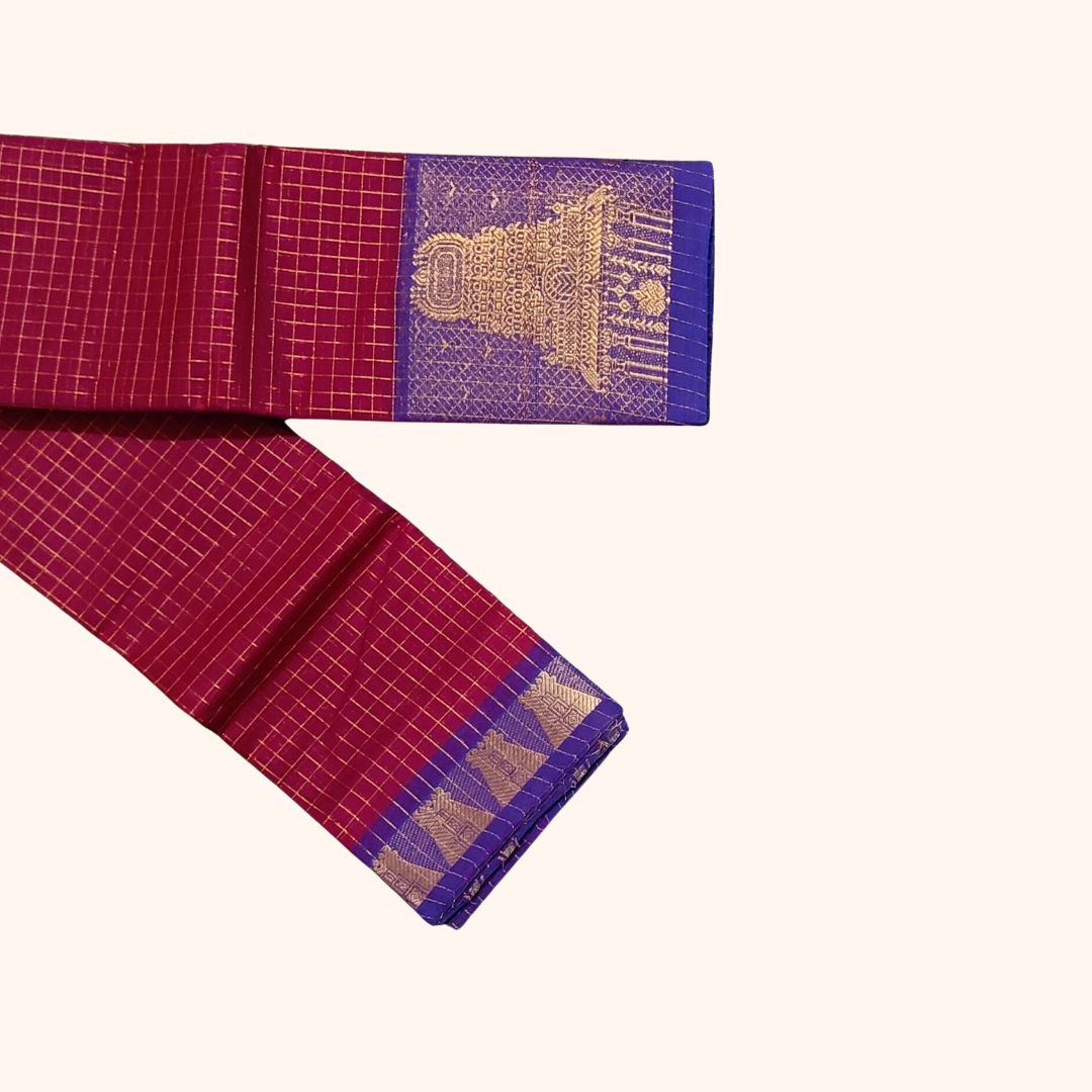 Rani Pink Chettinad Cotton Saree with Royal Blue Temple Border