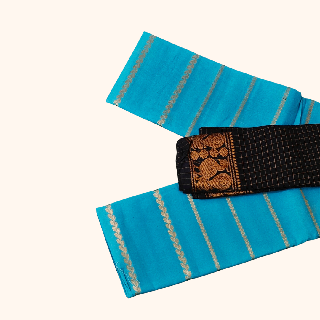 Turquoise Blue Sungudi Cotton Saree with Peacock Border Blouse