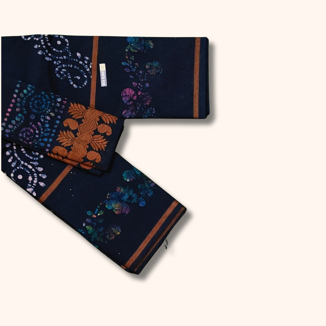 Dark Ink Blue Sungudi Cotton Saree with Multicolor Batik Floral Design & Designer Border
