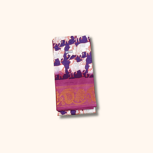 Purple Cow Print Sungudi Cotton Saree with Magenta Border