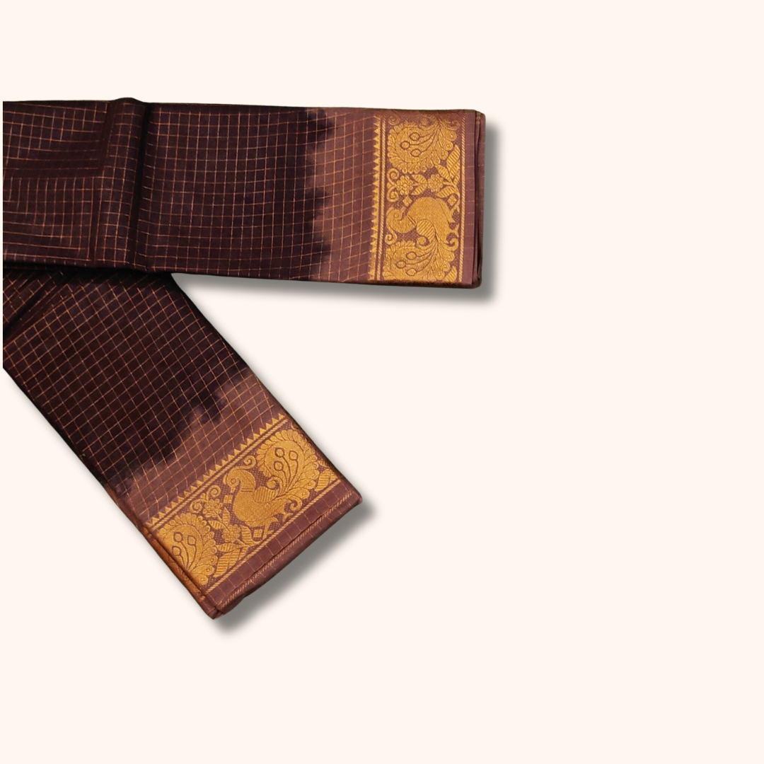 Brown Checked Sungudi Cotton Saree with Peacock Zari Border