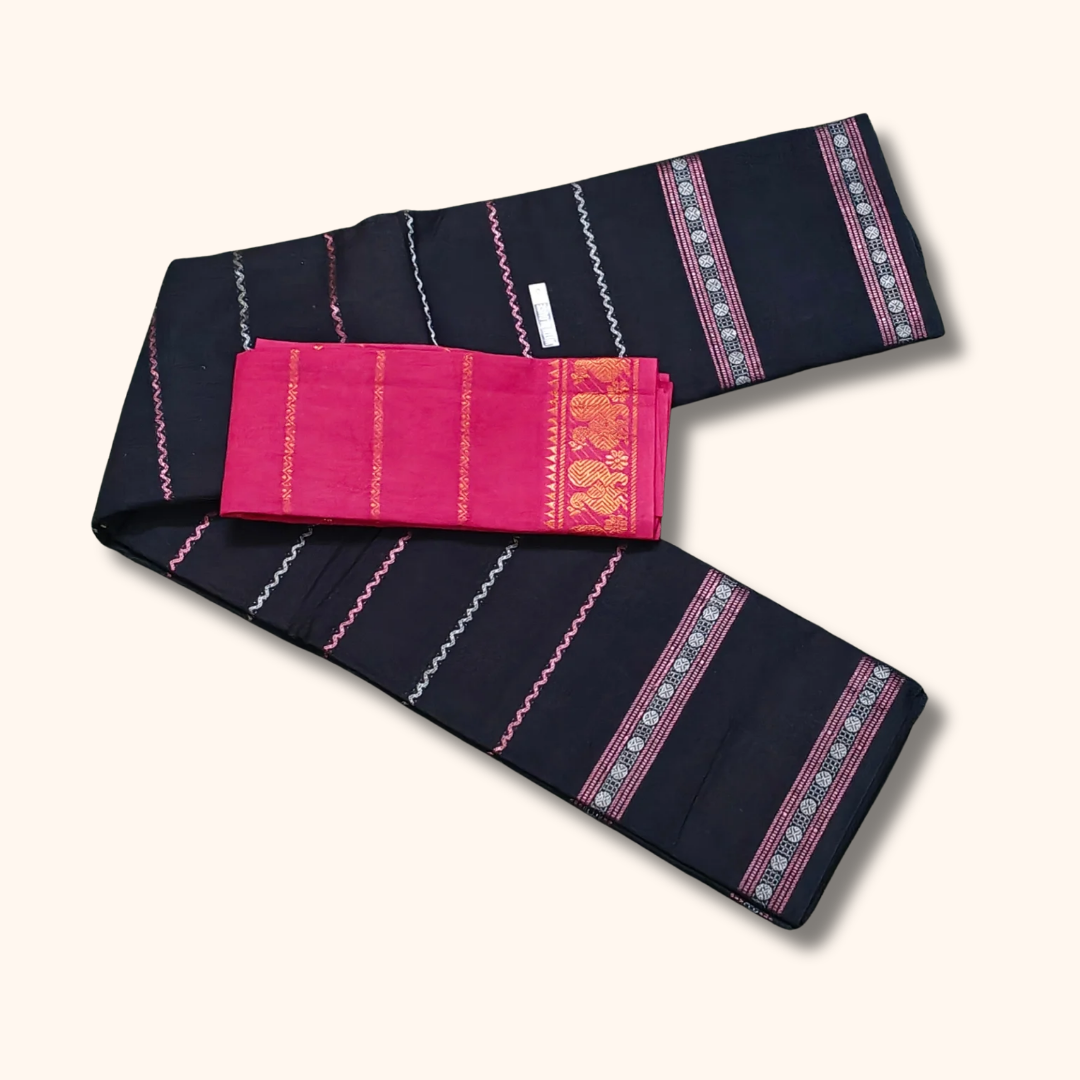 Midnight Blue Cotton Saree with Contrast Pink Blouse