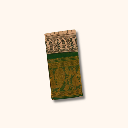 Cream Sungudi Cotton Saree with Green Contrast Zari Border