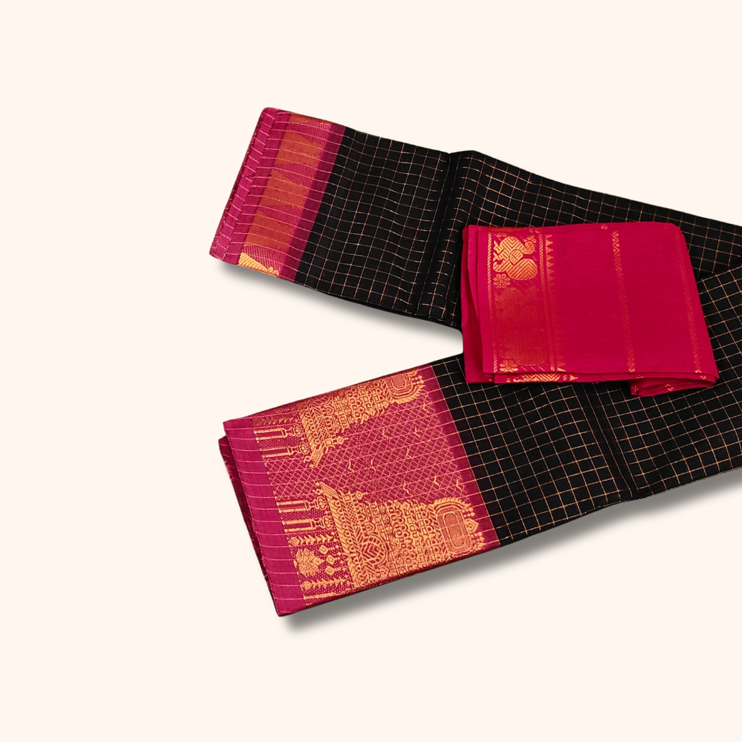 Black Temple Border Cotton Saree with Pink Pallu