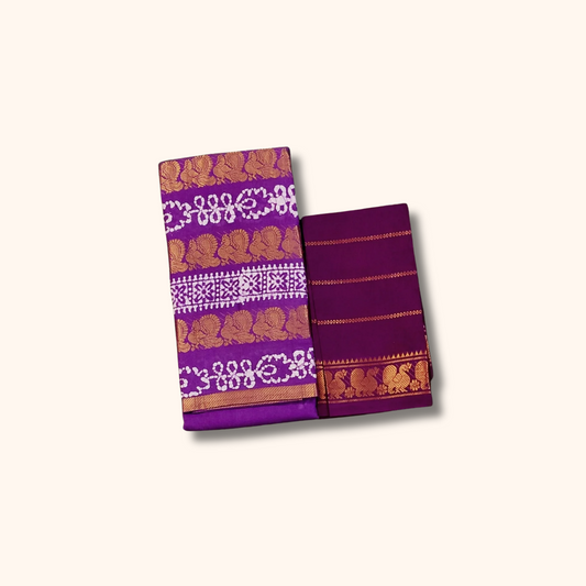Purple Sungudi Cotton Saree with White Bandhani Design & Gold Zari Border 120s Count