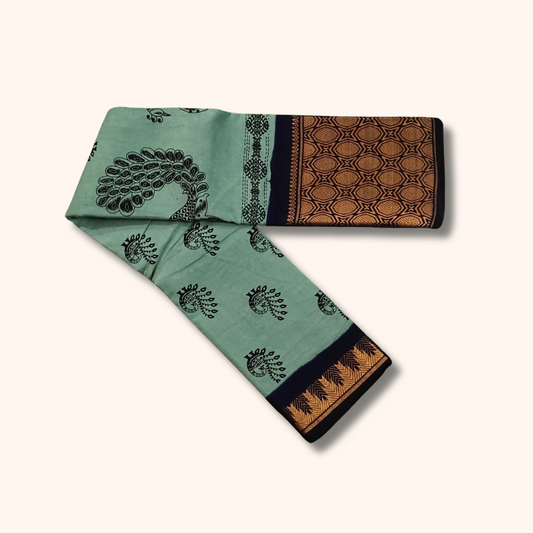 Mint Green Cotton Saree with Geometric Woven Border
