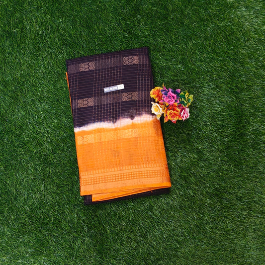 Coffee Brown Thread Work Sungudi Saree with Orange Border & Running Blouse