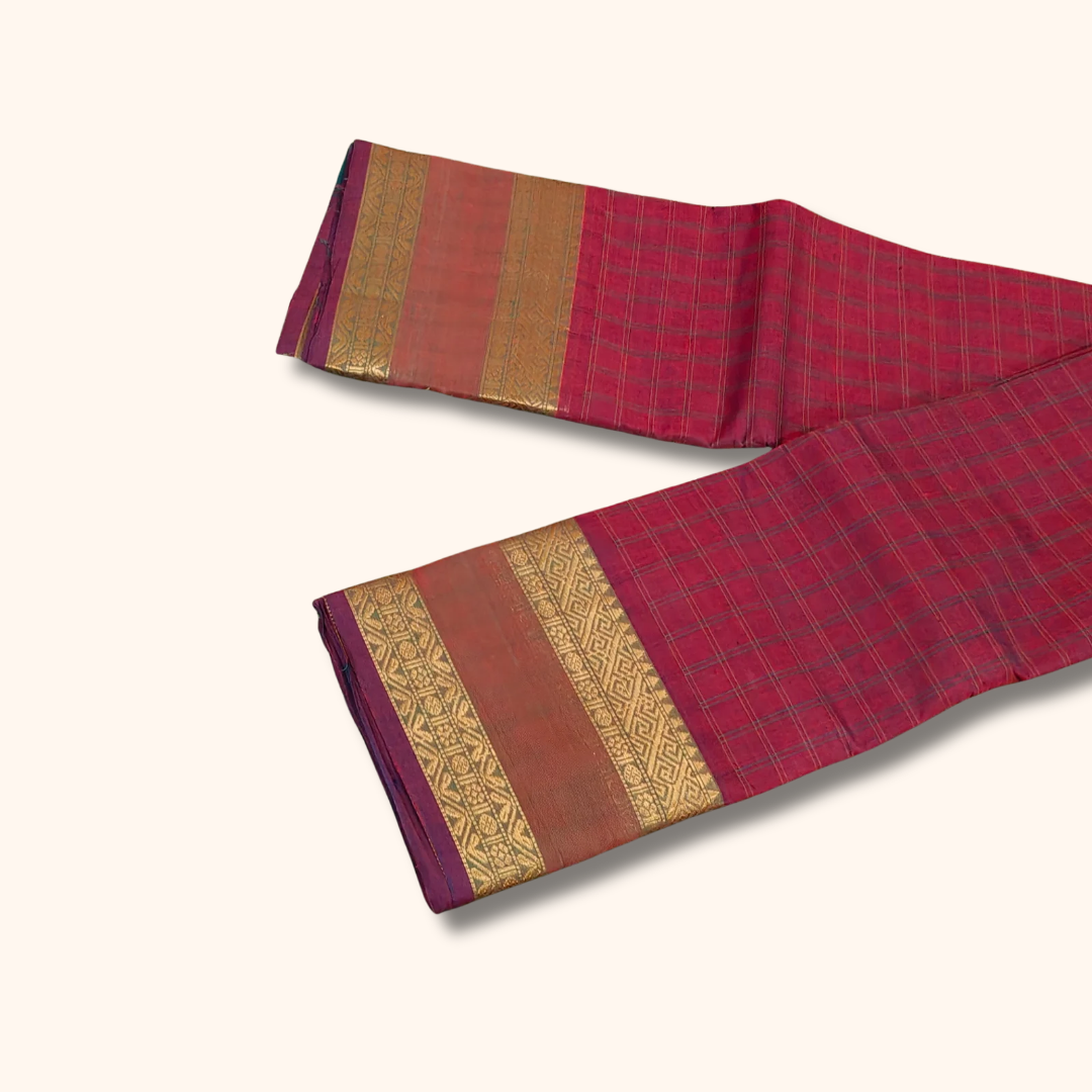 Maroon Chettinad Cotton Saree with Traditional Woven Border