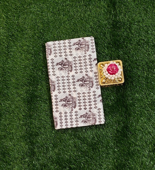 Attractive Off White Cotton Saree with Brown Traditional Prints & Designer Border