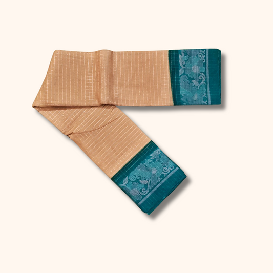 Beige Chettinad Cotton Saree with Teal Green Contrast Border