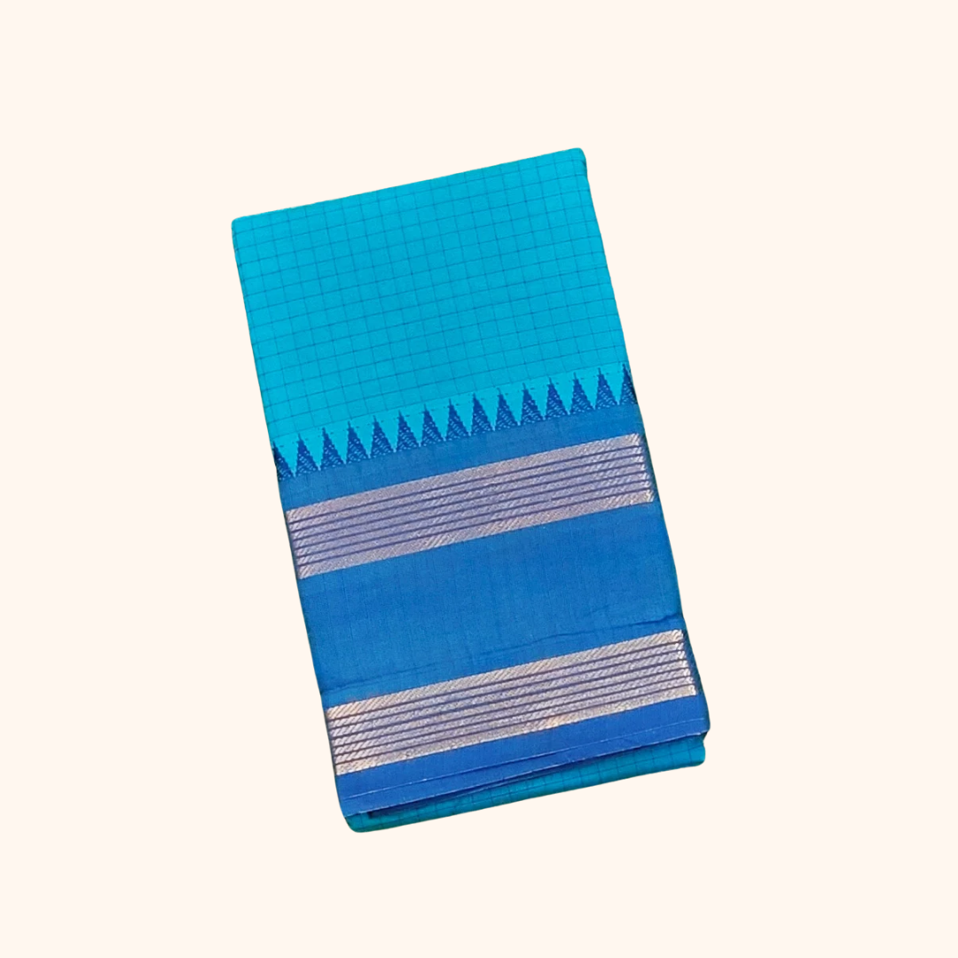 Sky Blue Chettinad Checks Saree – Simple Elegance, Timeless Tradition