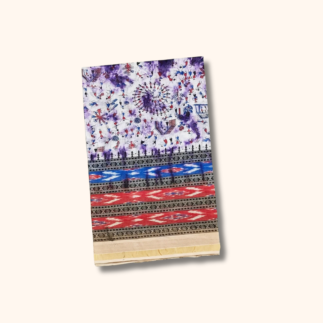 White Floral Printed Cotton Saree with Multicolour Ikat Border – Separate Blouse