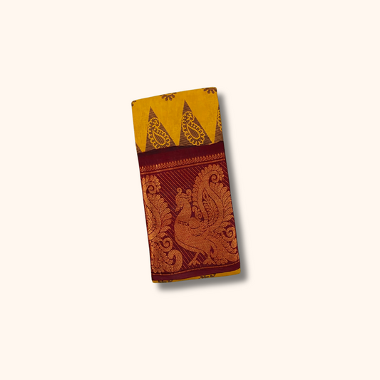 Mustard Paisley Print Cotton Saree with Maroon Peacock Border