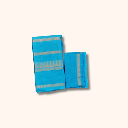 Turquoise Blue Cotton Saree with Gold Zari Stripes & Traditional Border – Separate Blouse