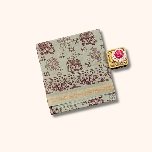 Sage Green Cotton Saree with Maroon Elephant & Floral Prints