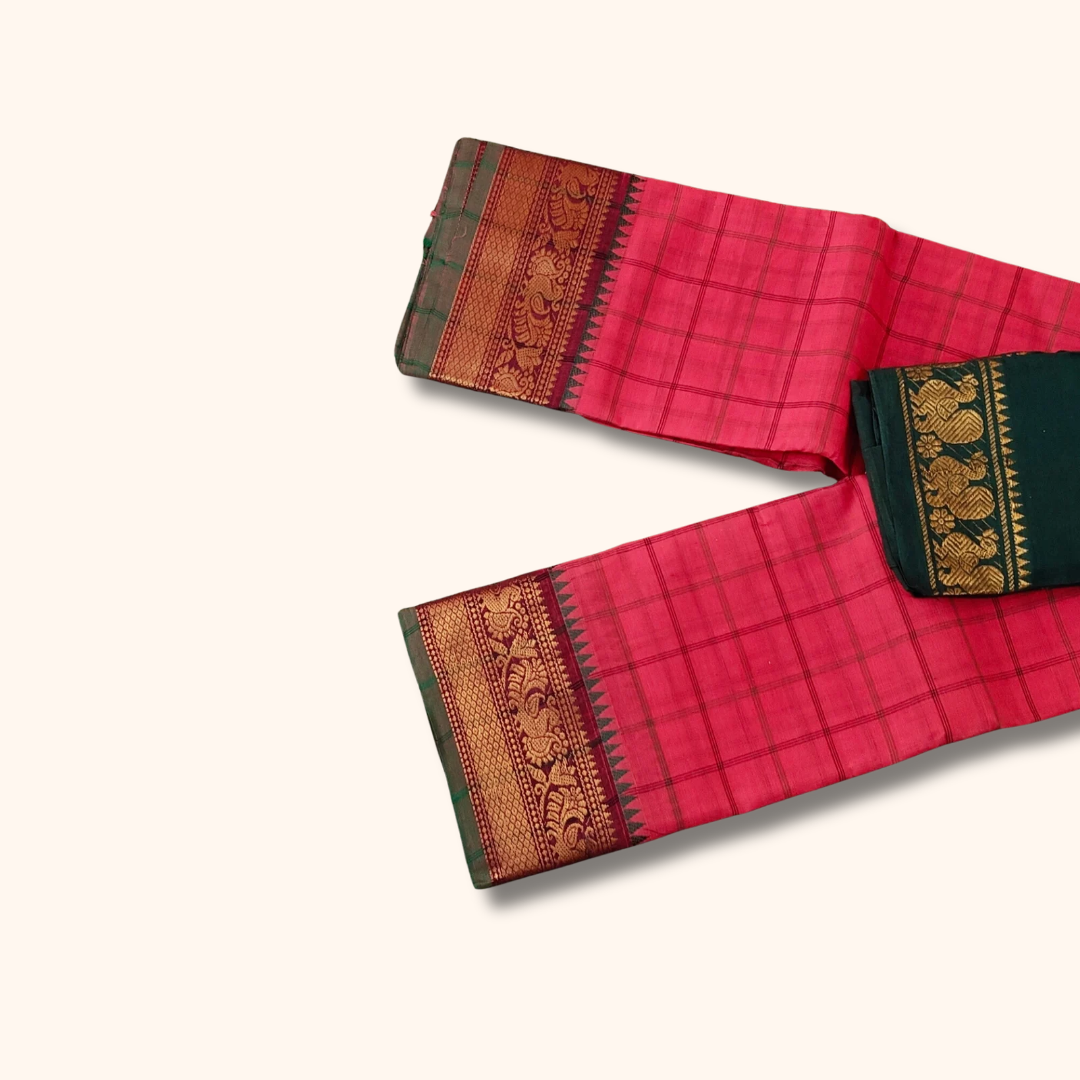 Pink Checked Chettinad Cotton Saree with Peacock Zari Border & Separate Blouse Piece
