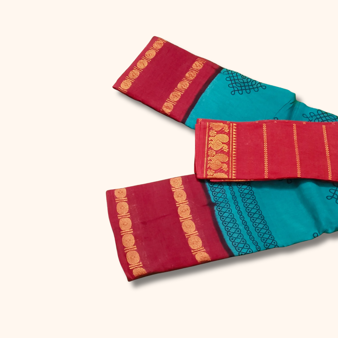 Peacock Blue Sungudi Kolam Saree with Contrast Red Blouse