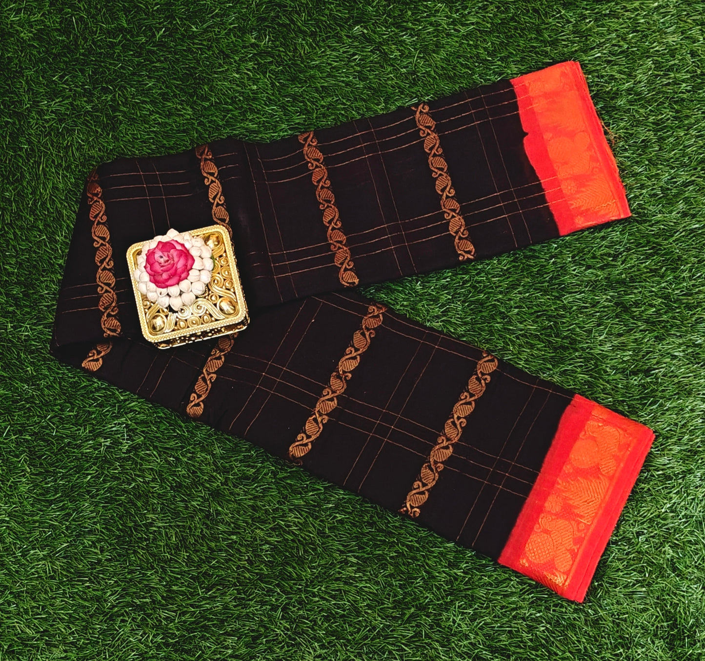 Black & Red Traditional Check Motif Cotton Saree