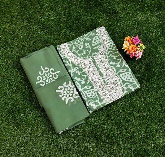 Elegant Leaf Green Sungudi Cotton Chudidar Material Set with Traditional Prints