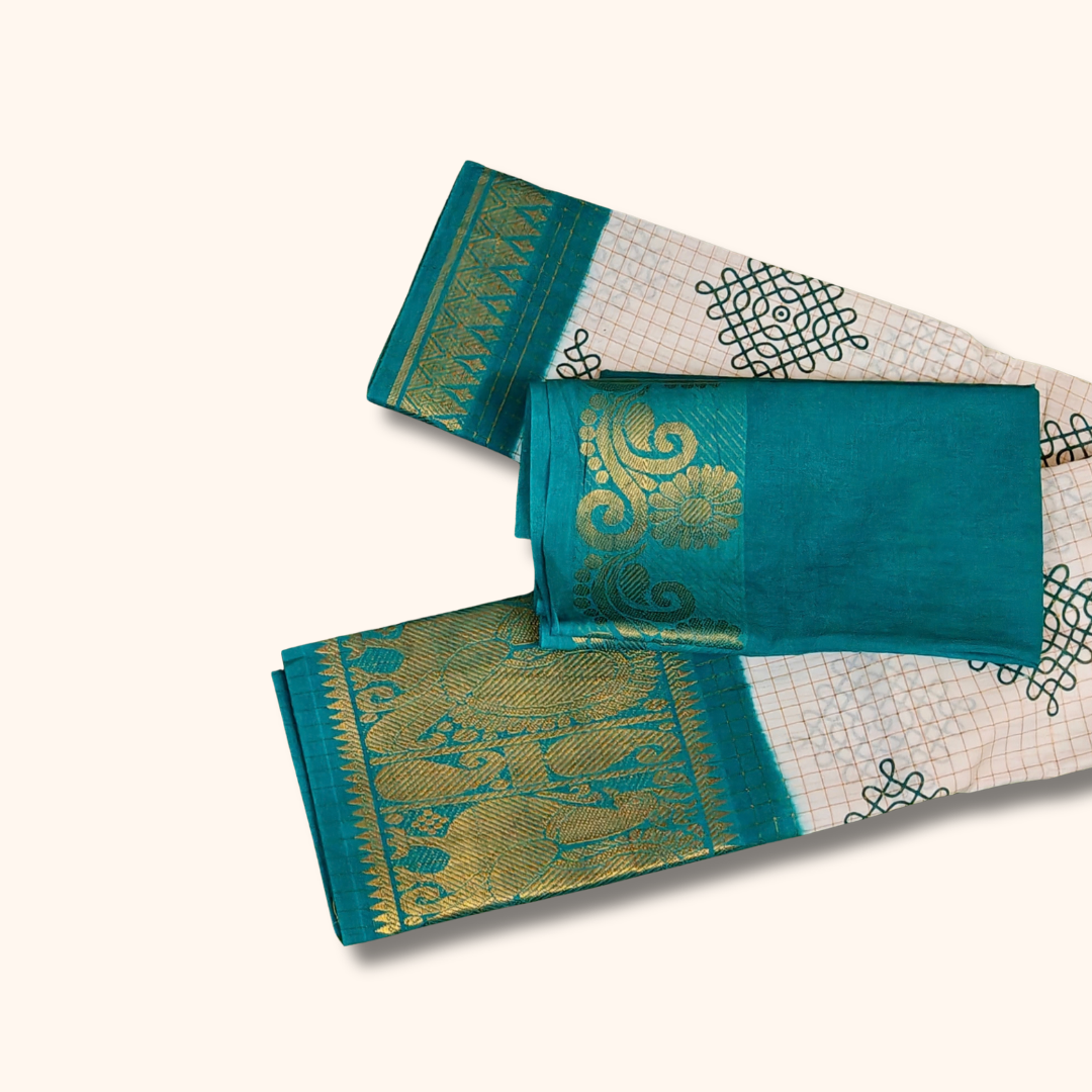 White Kolam Design Saree with Teal Border & Separate Blouse Piece