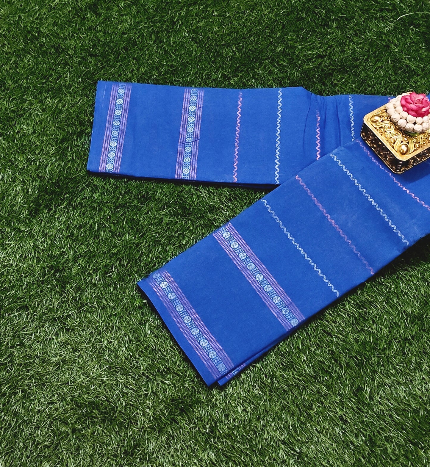 Royal Blue Sungudi Cotton Saree with Multi Stripe Design