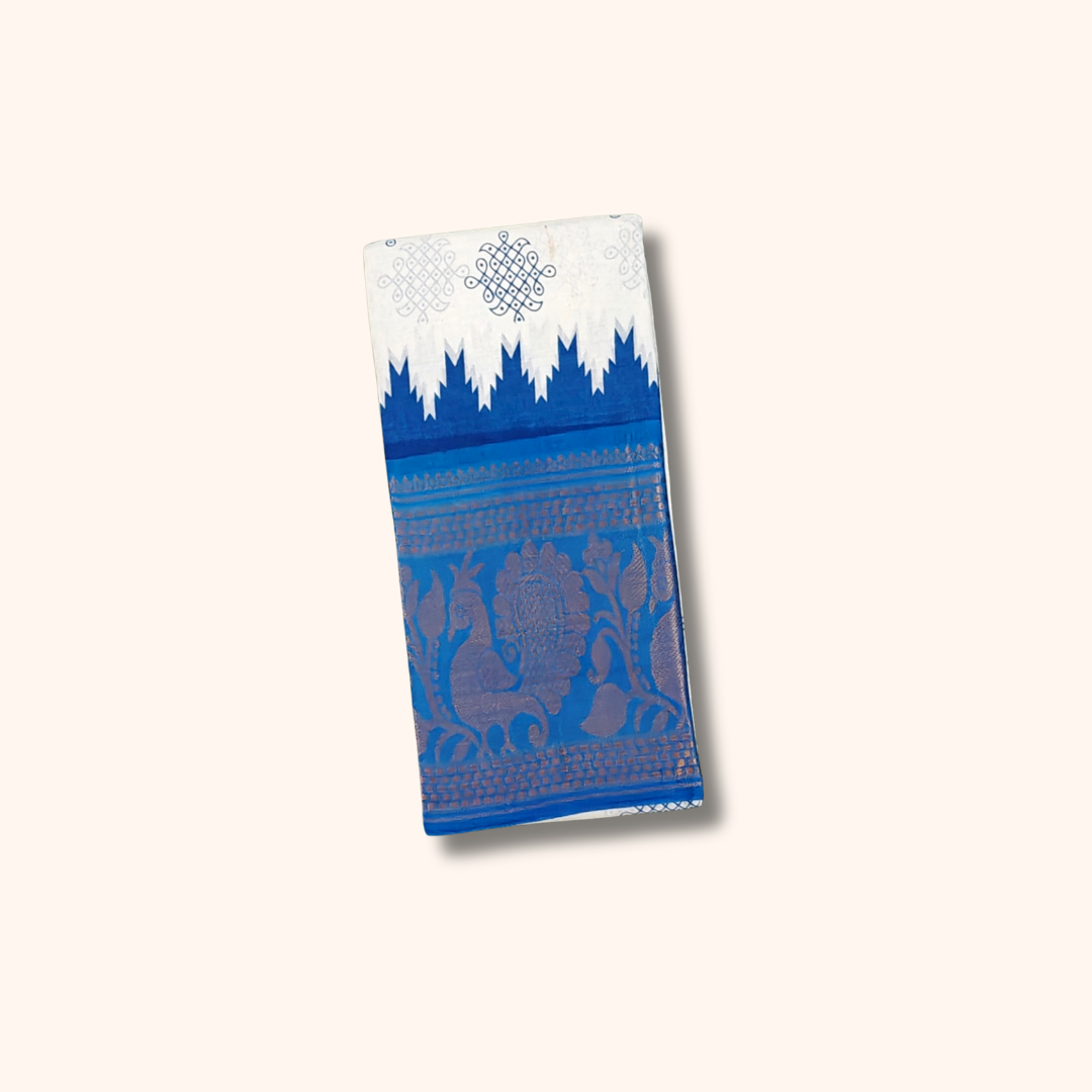 Cream Sungudi Cotton Saree with Royal Blue Ikkat Border