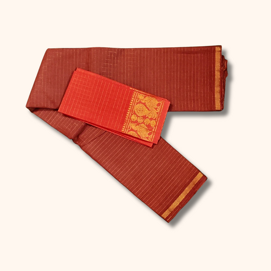 Coffee Brown Checked Sungudi Cotton Saree with Red Peacock Zari Border