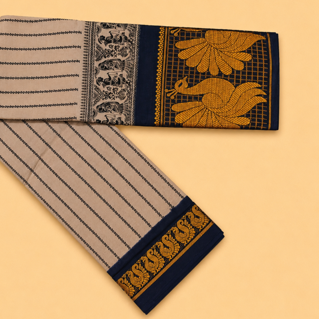 Ash Grey Printed Cotton Saree with Navy Blue Peacock Border