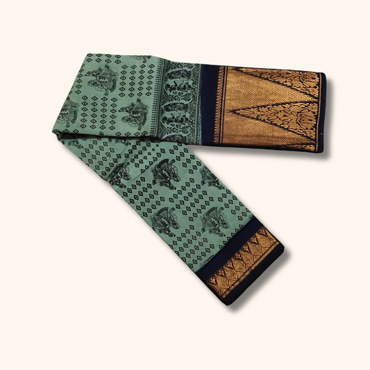 Sea Green Sungudi Cotton Saree with Traditional Motifs & Grand Temple Zari Border