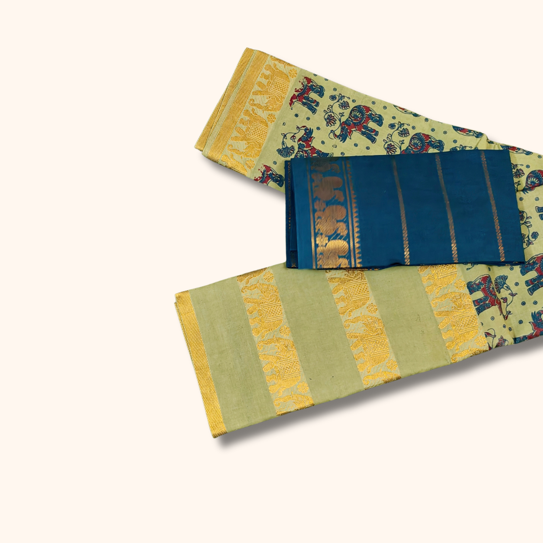Pista Green Printed Sungudi Cotton Saree with Gold Zari Elephant Border 120s Count