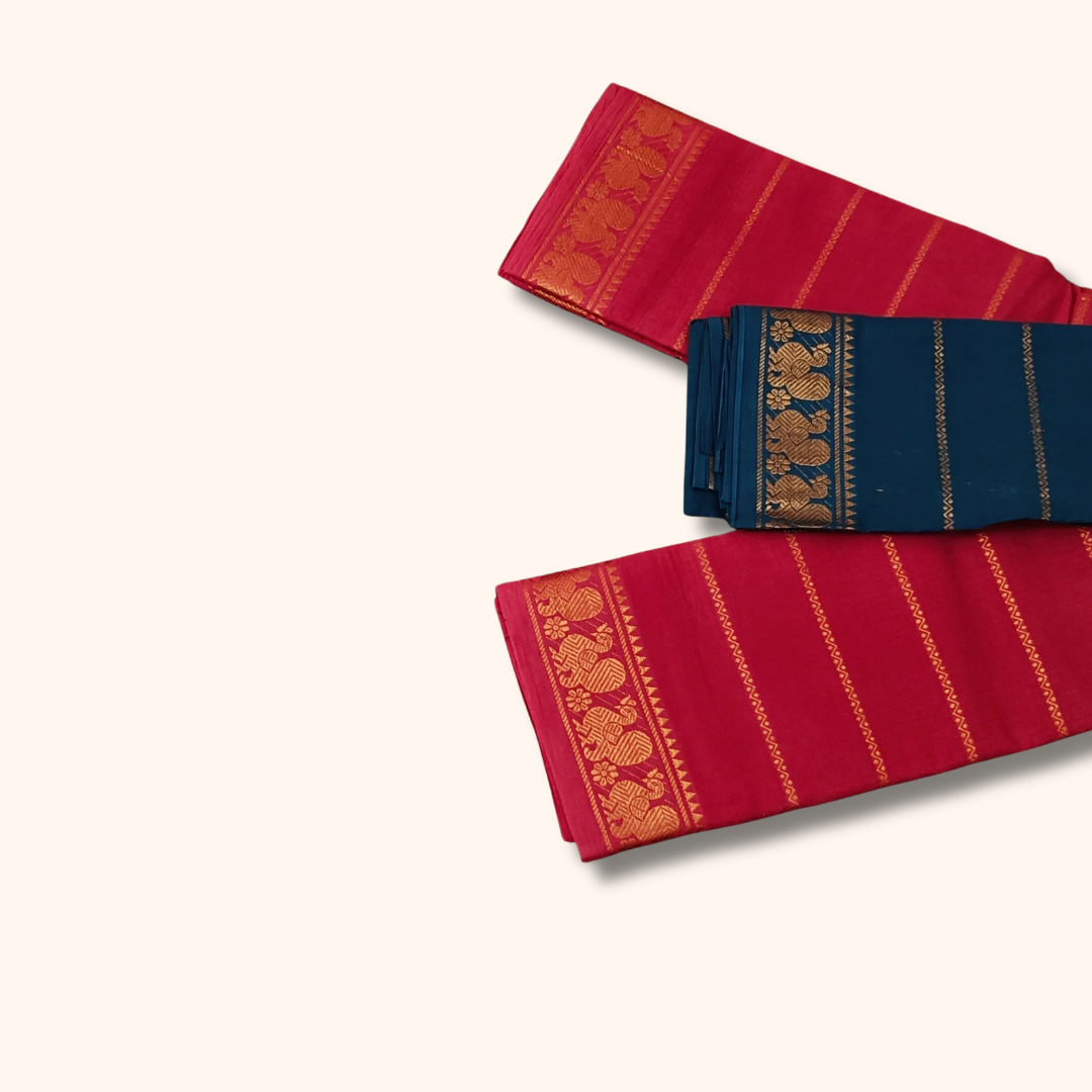 Red Sungudi Cotton Saree with Peacock green Contrast Blouse