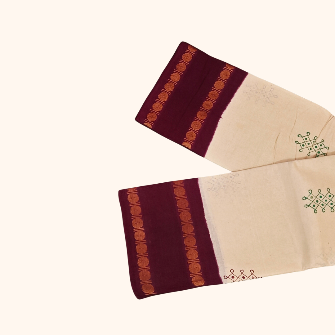 Cream Cotton Saree with Maroon Border and Traditional Motifs – Running Blouse