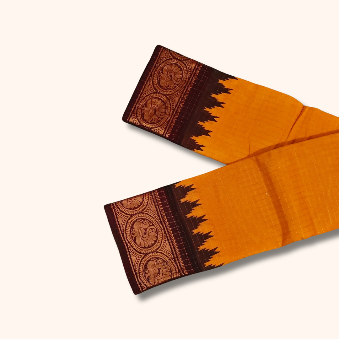 Mustard Orange Sungudi Cotton Saree with Maroon Peacock Zari Border