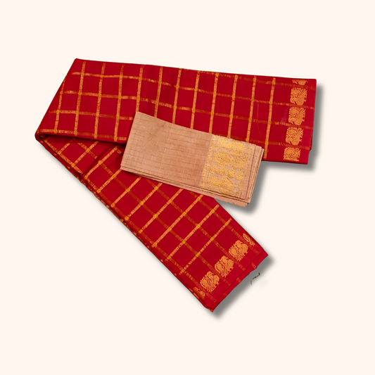 Ruby Red Chettinad Cotton Saree with Beige Contrast Blouse
