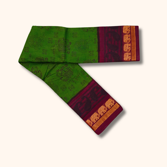 Parrot Green Cotton Saree with Elephant Border