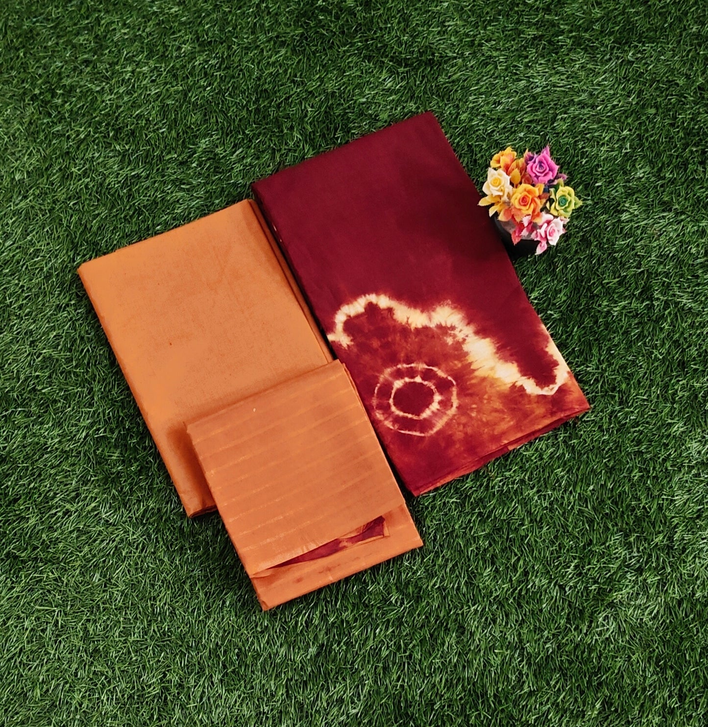 Elegant Maroon & Rust Orange Sungudi Cotton Chudidar Material Set with Tie-Dye Design