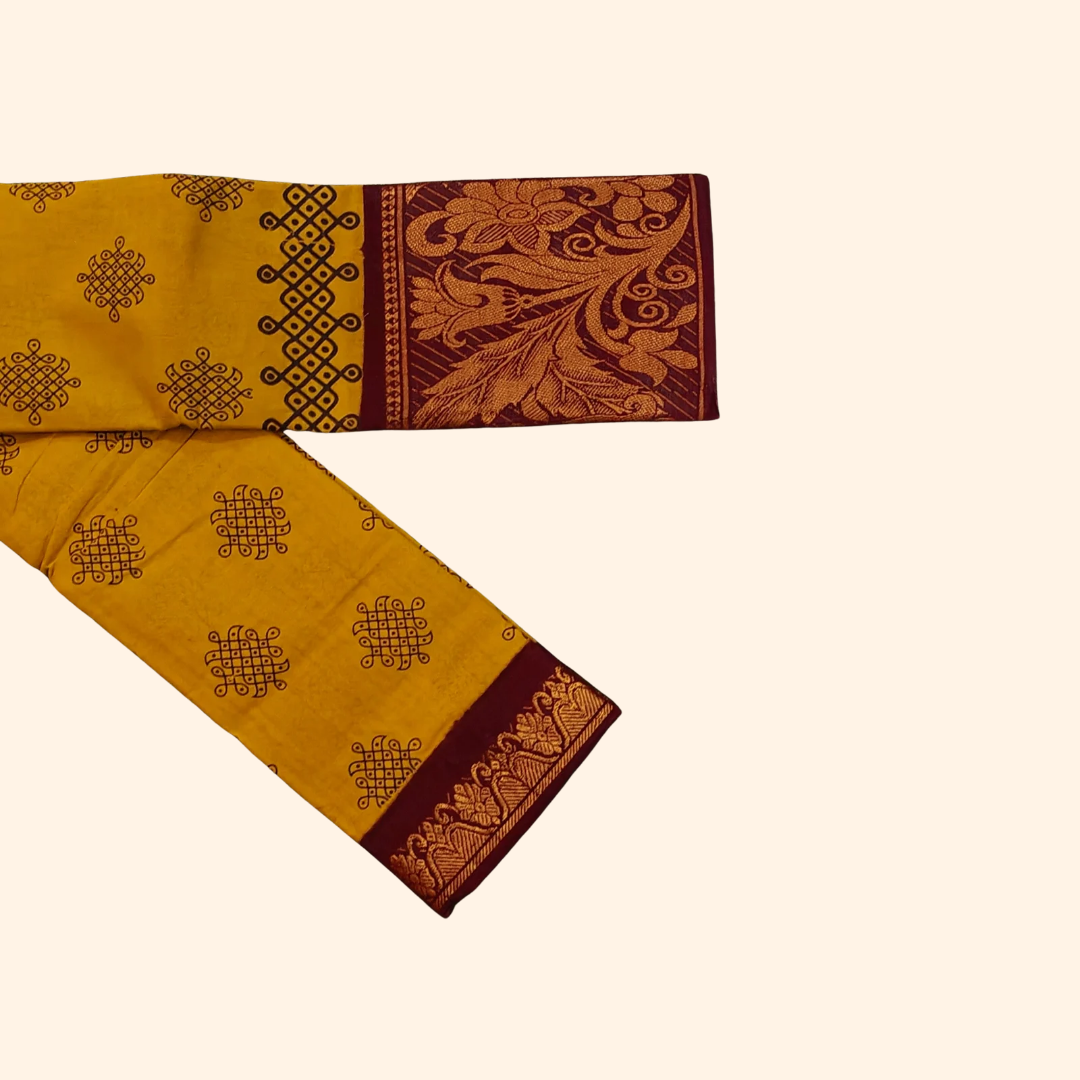 Mustard Yellow Kolam Cotton Saree with Maroon Floral Border