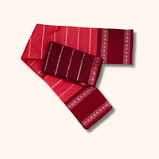 Coral Pink Sungudi Cotton Saree with Maroon Contrast Blouse