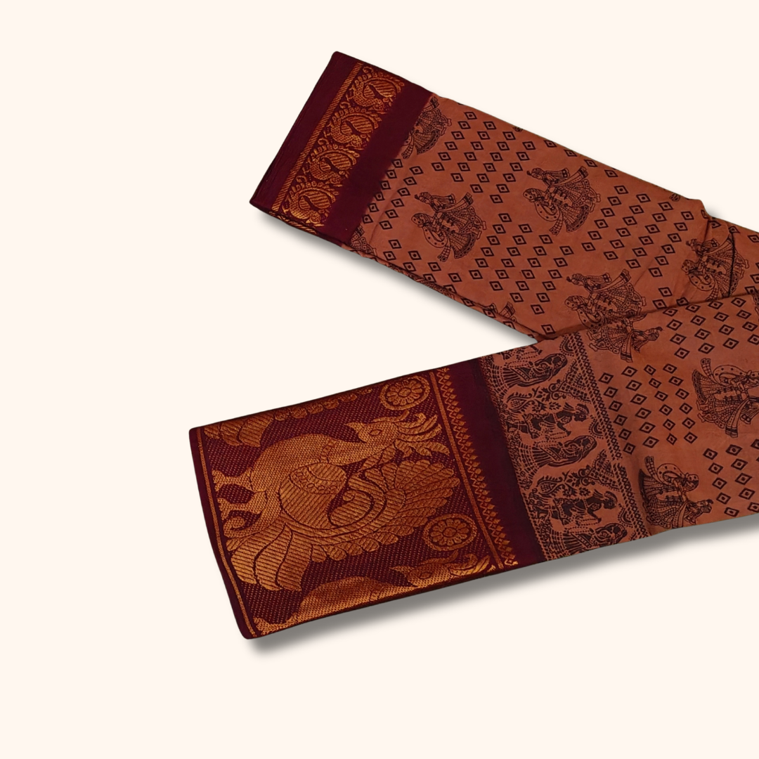 Terracotta Brown Printed Cotton Saree with Maroon Zari Border