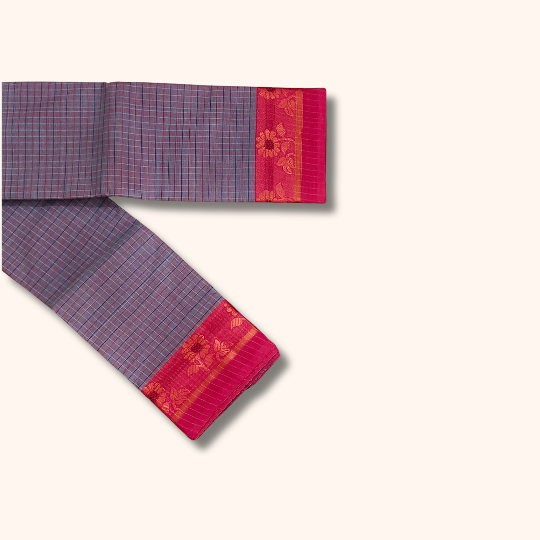 Reddish Grey Checked Thread Work Zari Chettinad Cotton Saree