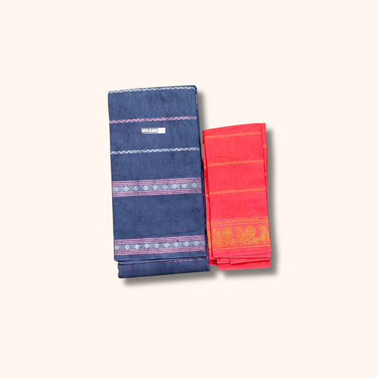 Navy Blue Sungudi Cotton Saree with Red Blouse – Separate Blouse Piece