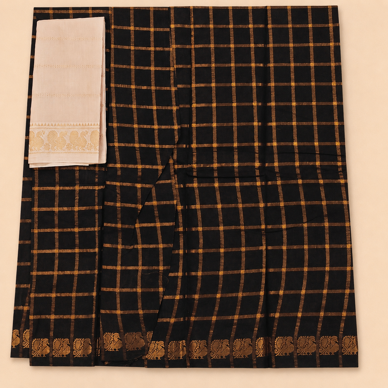 Dark coffee brownPavithra Kattam Sungudi Saree with Contrast Beige Blouse